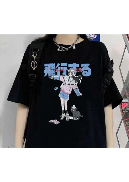 Anime Girl & Cat Siyah Unisex Oversize T-Shirt
