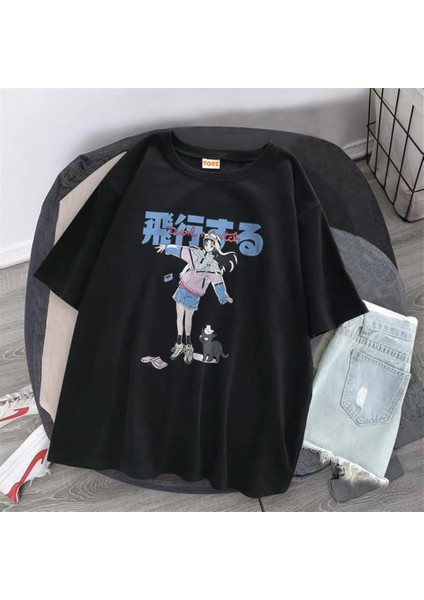 Anime Girl & Cat Siyah Unisex Oversize T-Shirt