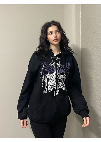 Harajuku Angel Skeleton Fermuarlı Kapşonlu Kalın Hırka