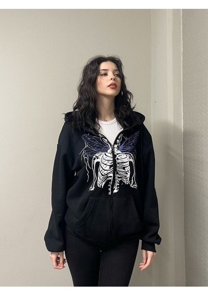 Harajuku Angel Skeleton Fermuarlı Kapşonlu Kalın Hırka fiyatları