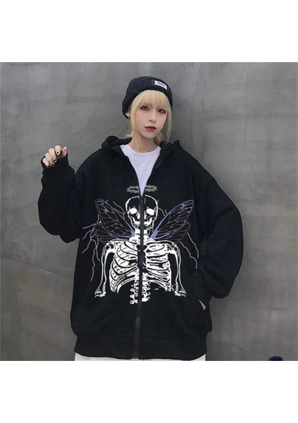 Harajuku Angel Skeleton Fermuarlı Kapşonlu Kalın Hırka fırsatları