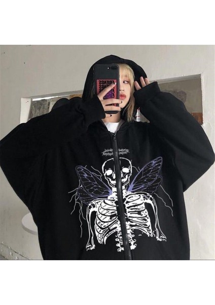 Harajuku Angel Skeleton Fermuarlı Kapşonlu Kalın Hırka indirimleri