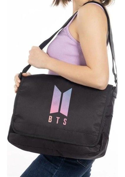 Kpop Serisi Bts Logo Baskılı Unisex Siyah Postacı Çantası