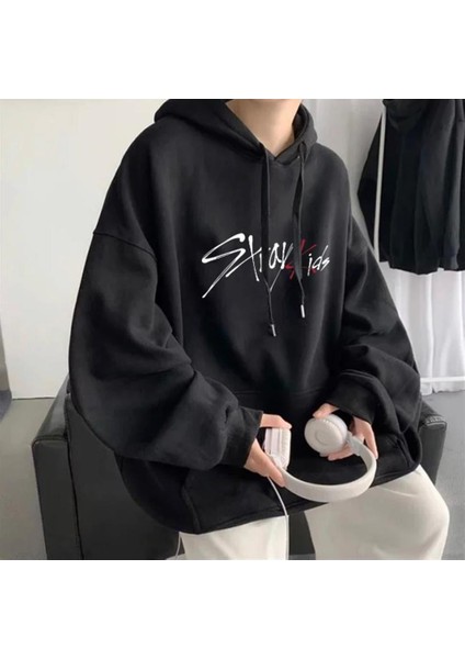 Stray Kids Siyah Kapüşonlu Oversize Sweatshirt Hoodie