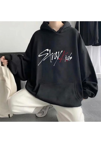 Stray Kids Siyah Kapüşonlu Oversize Sweatshirt Hoodie