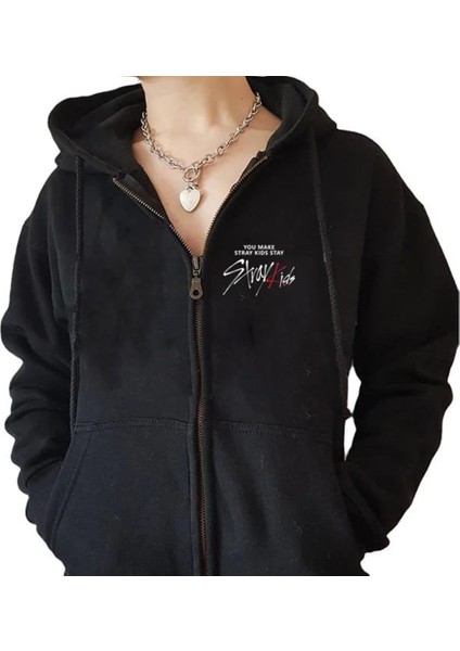 Stray Kids Baskılı Oversize Fermuarlı Siyah Unisex Kapüşonlu Hırka