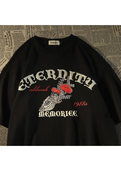 Skulls In Love & Roses Sırt Baskılı Siyah Unisex Oversize T-Shirt