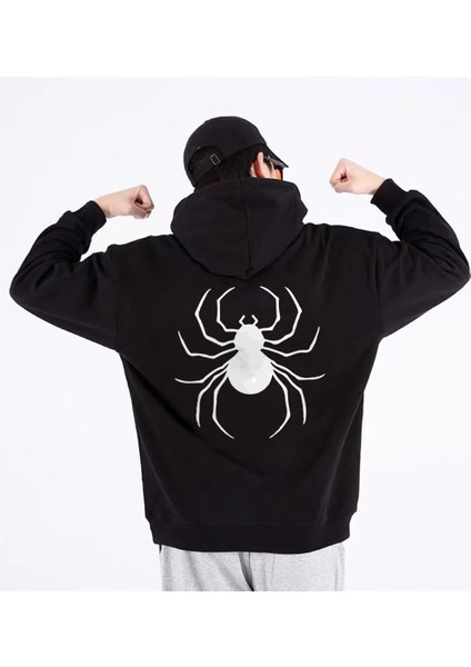 Dangerous Spider Ön-Arka Baskılı Siyah Unisex Oversize Kapüşonlu Sweatshirt