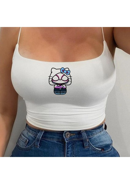 Beyaz Baskılı Kadın Ip Askılı Büstiyer Crop