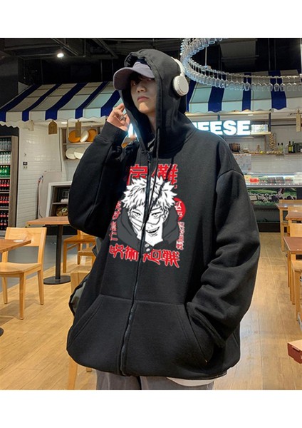 Jujutsu Kaisen Poster Baskılı Oversize Fermuarlı Siyah Unisex Kapüşonlu Hırka