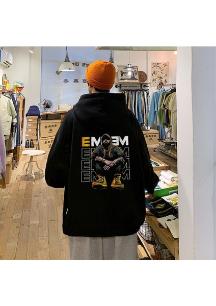 Rap Star Baskılı Siyah Unisex Oversize Kapüşonlu Sweatshirt