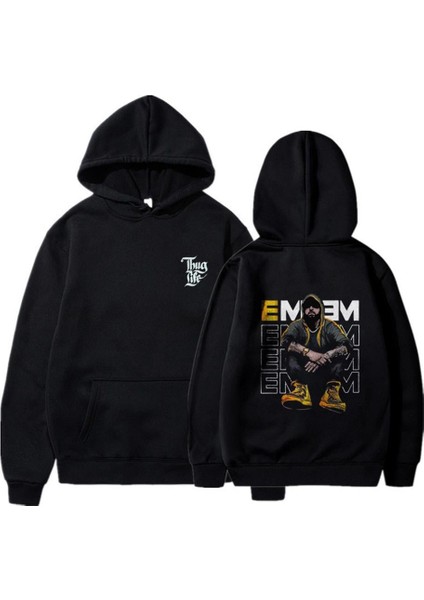 Rap Star Baskılı Siyah Unisex Oversize Kapüşonlu Sweatshirt