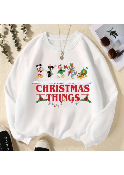 New Year Christmas Things Baskılı Beyaz Unisex Oversize Bisiklet Yaka Sweatshirt