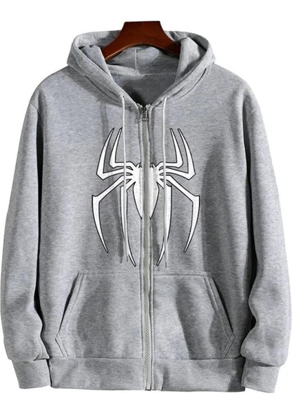 Spider Baskılı Oversize Fermuarlı Gri Unisex Kapüşonlu Hırka