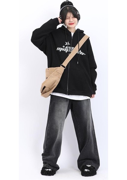 Stars Baskılı Baskılı Oversize Fermuarlı Siyah Unisex Kapüşonlu Hırka