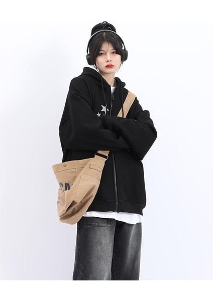 Stars Baskılı Baskılı Oversize Fermuarlı Siyah Unisex Kapüşonlu Hırka