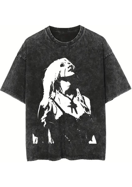 Yıkamalı Portre Baskılı Oversize Vintage T-Shirt