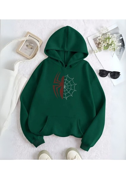 Spider Web Taş Işleme Detail Baskılı Kapşonlu Sweatshirt