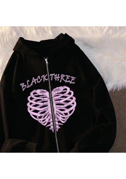 Black Three Cage Heart Baskılı Oversize Fermuarlı Siyah Unisex Kapüşonlu Hırka