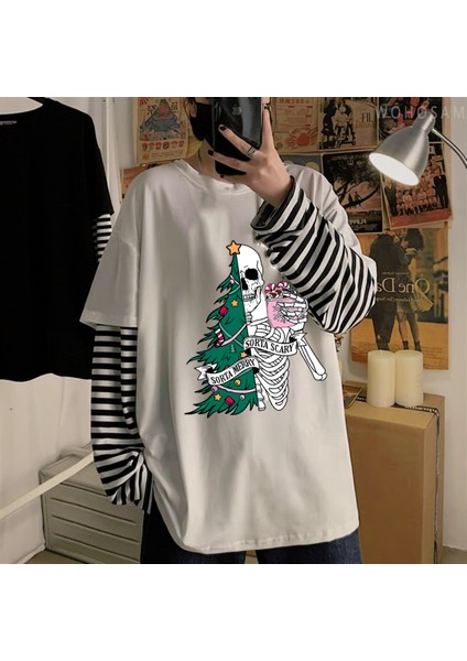 Skeleton Tree Baskılı Fake Sleeves Unisex Beyaz T-Shirt