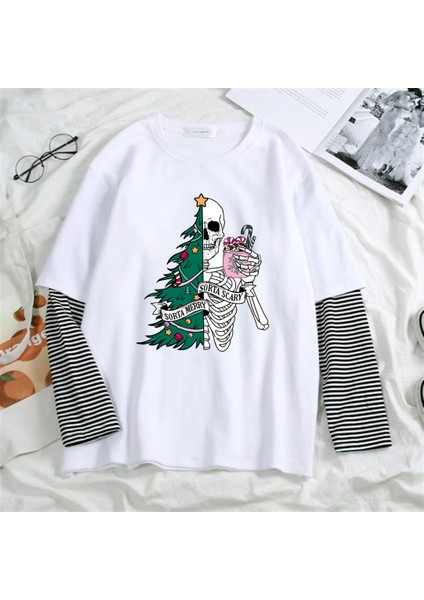 Skeleton Tree Baskılı Fake Sleeves Unisex Beyaz T-Shirt
