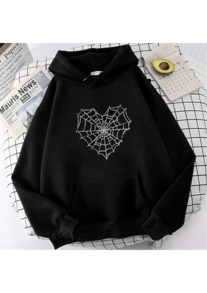 Heart Web Baskılı Siyah Unisex Oversize Kapüşonlu Sweatshirt