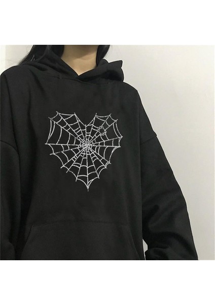 Heart Web Baskılı Siyah Unisex Oversize Kapüşonlu Sweatshirt