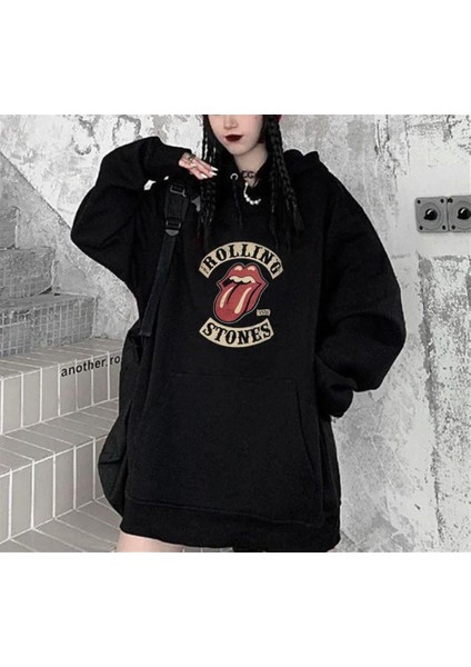 Rolling Stones Baskılı Siyah Unisex Oversize Kapüşonlu Sweatshirt