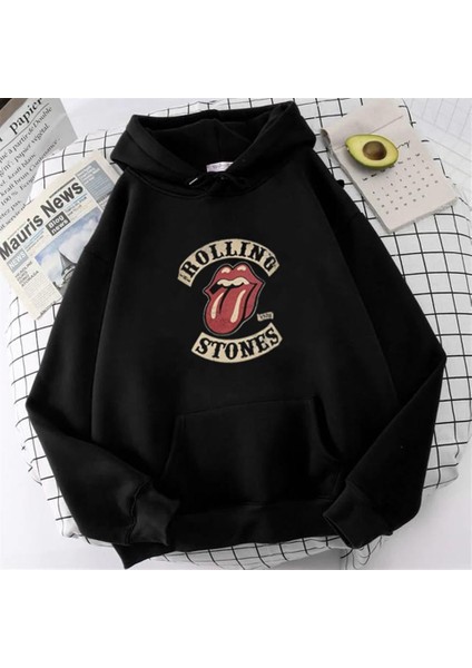 Rolling Stones Baskılı Siyah Unisex Oversize Kapüşonlu Sweatshirt
