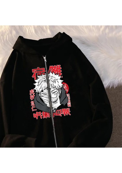 Jujutsu Kaisen Poster Baskılı Oversize Fermuarlı Siyah Unisex Kapüşonlu Hırka
