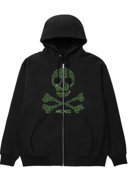 Hacked Baskılı Oversize Fermuarlı Siyah Unisex Kapüşonlu Hırka