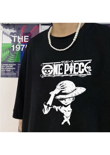 One Piece Baskılı Siyah Unisex Oversize T-Shirt