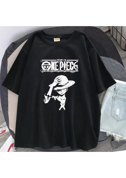 One Piece Baskılı Siyah Unisex Oversize T-Shirt