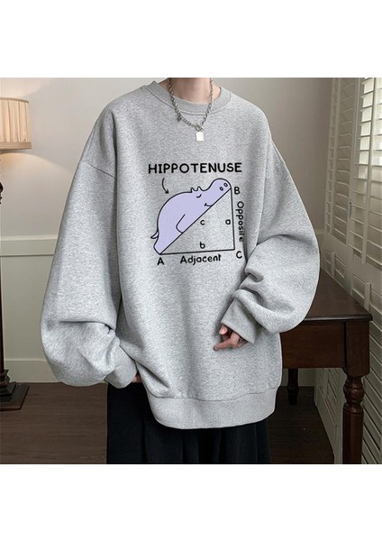 Hippotenuse Baskılı Gri Unisex Oversize Bisiklet Yaka Sweatshirt