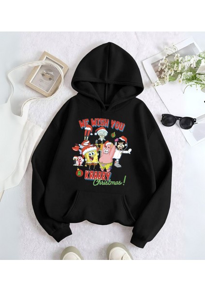 Spongebob Friends Merry Christmas Baskılı Kapşonlu Sweatshirt