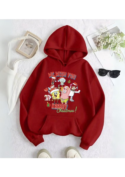 Spongebob Friends Merry Christmas Baskılı Kapşonlu Sweatshirt