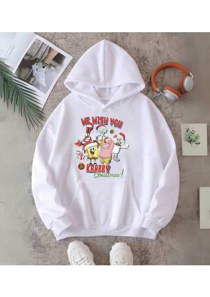 Spongebob Friends Merry Christmas Baskılı Kapşonlu Sweatshirt
