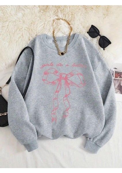 Ribbon Baskılı Gri Unisex Oversize Bisiklet Yaka Sweatshirt