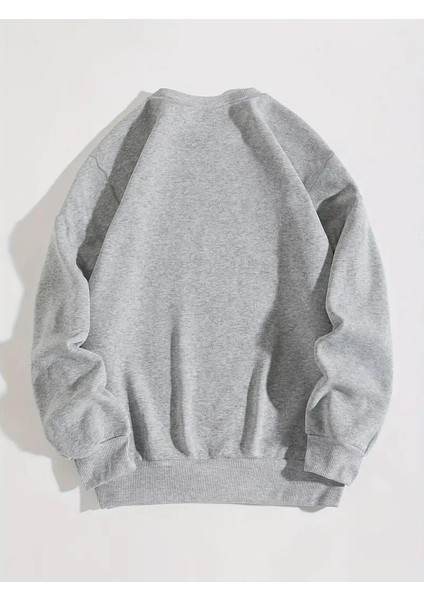 Ribbon Baskılı Gri Unisex Oversize Bisiklet Yaka Sweatshirt