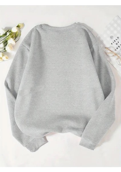 Ribbon Baskılı Gri Unisex Oversize Bisiklet Yaka Sweatshirt