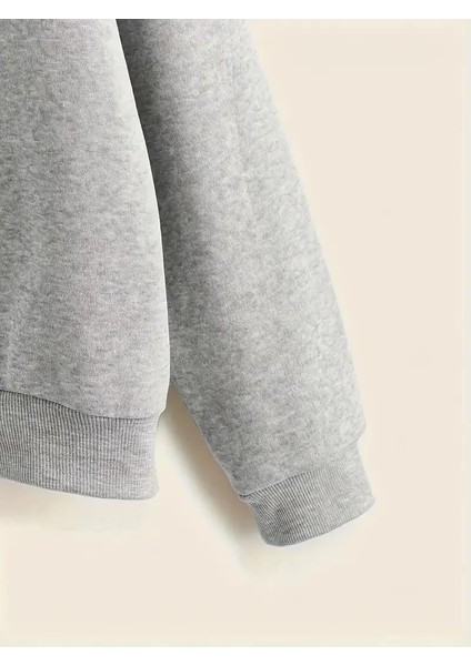 Ribbon Baskılı Gri Unisex Oversize Bisiklet Yaka Sweatshirt