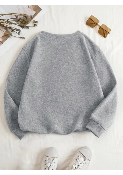 Ribbon Baskılı Gri Unisex Oversize Bisiklet Yaka Sweatshirt