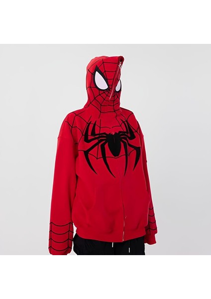 Y2K Streetwear Spider Web Oversize Fermuarlı Kırmızı Unisex Kapüşonlu Hırka