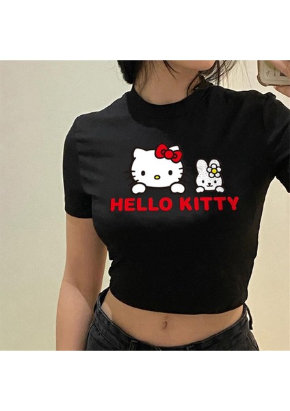 Hello Kitty Baskılı Siyah Crop