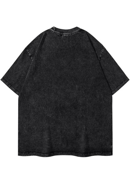 Yıkamalı Portre Baskılı Oversize Vintage T-Shirt