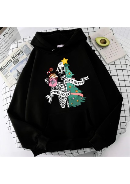 Skeleton Noel Baskılı Siyah Unisex Oversize Kapüşonlu Sweatshirt