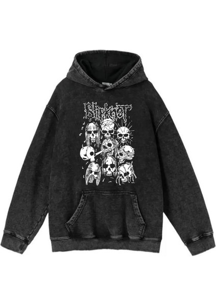 Yıkamalı Kumaş Rock Serisi Slipknot Kapüşonlu Hoodie Sweatshirt