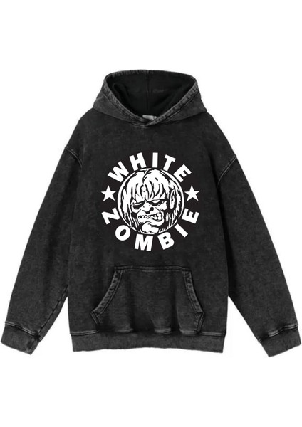 Yıkamalı Kumaş Rock Serisi White Zombie Kapüşonlu Hoodie Sweatshirt