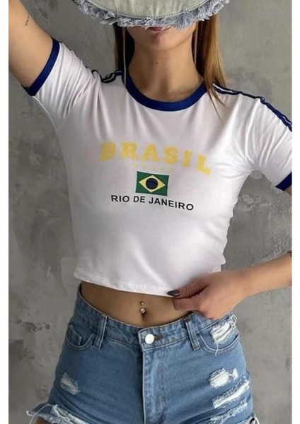 Brasil Baskılı Biyeli Beyaz Crop Bluz