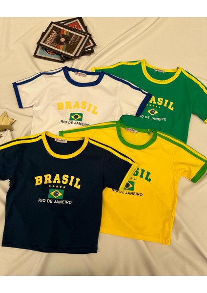 Brasil Baskılı Biyeli Beyaz Crop Bluz